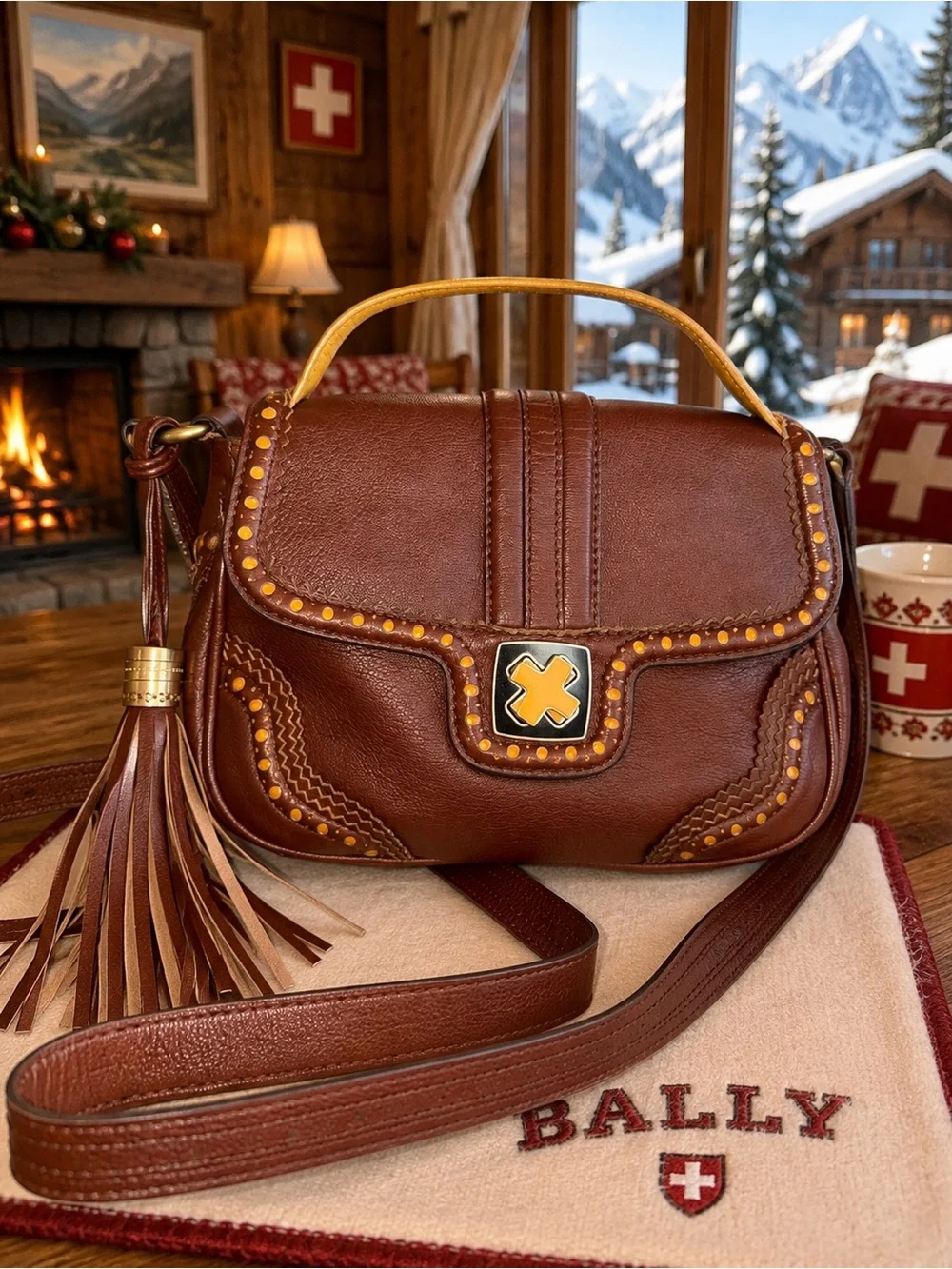 Bally Brown Leather Tassel 2-Way & Crossbody Turn Lock | Italian Leather | Rare